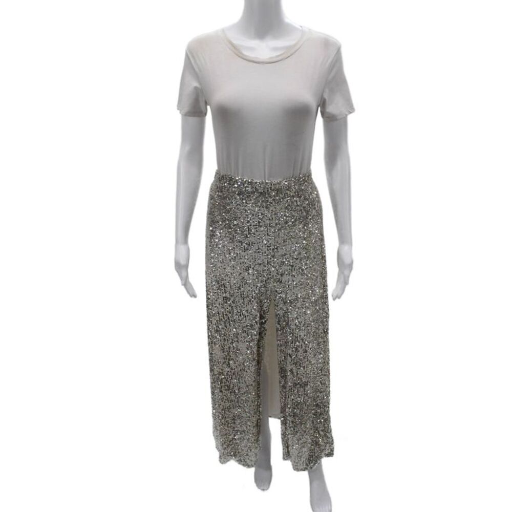 Nonchalant Label Women Straight Pencil Sequin Long Pull On Skirt Silver Size S